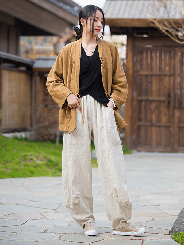 xakxx 7 Colors Casual Wide Leg High Waisted Solid Color Linen Pants