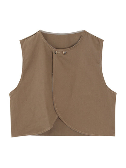 xakxx Artistic Retro Loose Sleeveless Solid Color Round-Neck Vest Outerwear
