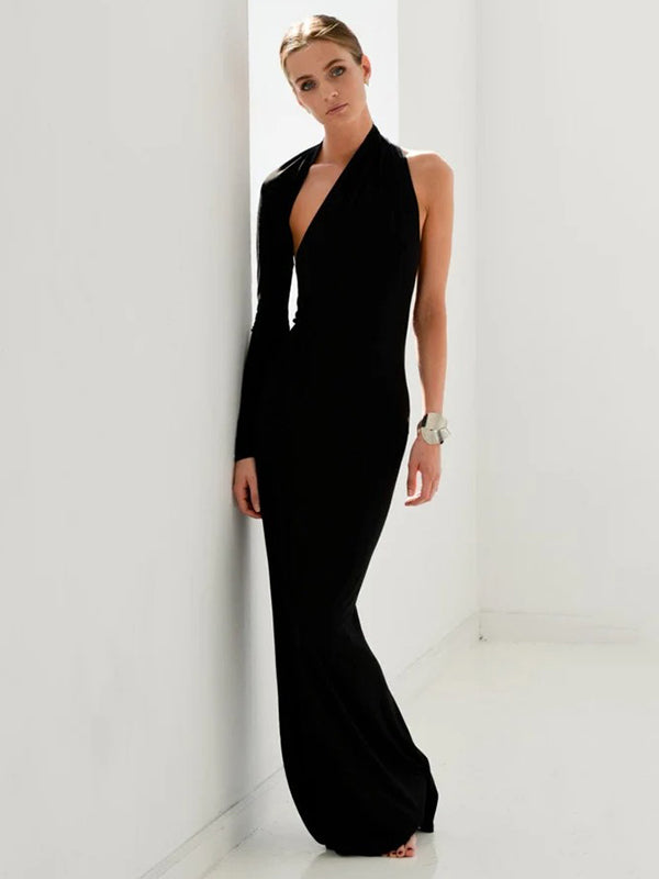 xakxx Stylish Skinny Asymmetric Hollow Backless One-Shoulder Maxi Dress