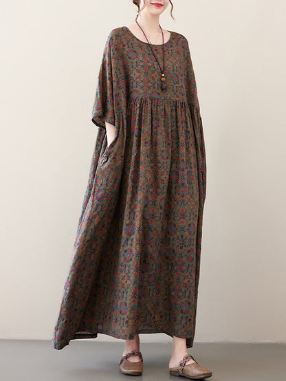 xakxx Vacation Loose Half Sleeves Floral Printed Pleated Round-Neck Midi Dresses
