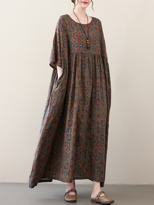 xakxx Vacation Loose Half Sleeves Floral Printed Pleated Round-Neck Midi Dresses