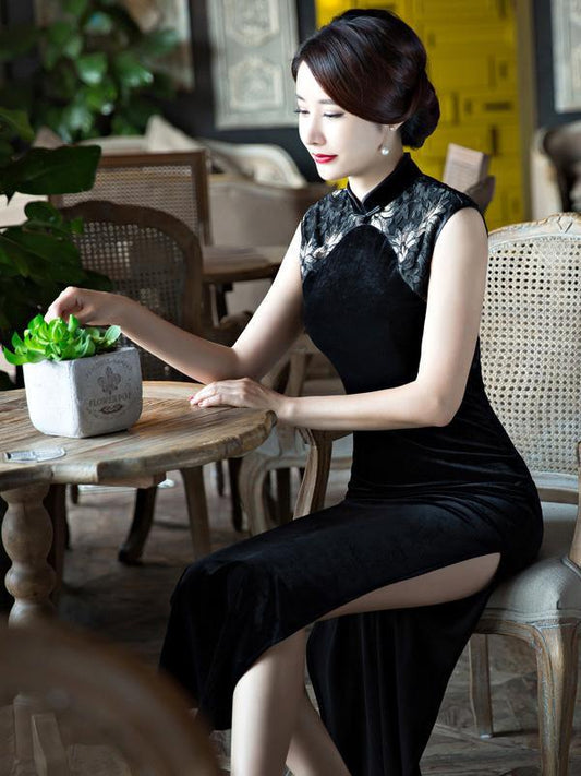 xakxx Black Velvet Lace Long Cheongsam Dress
