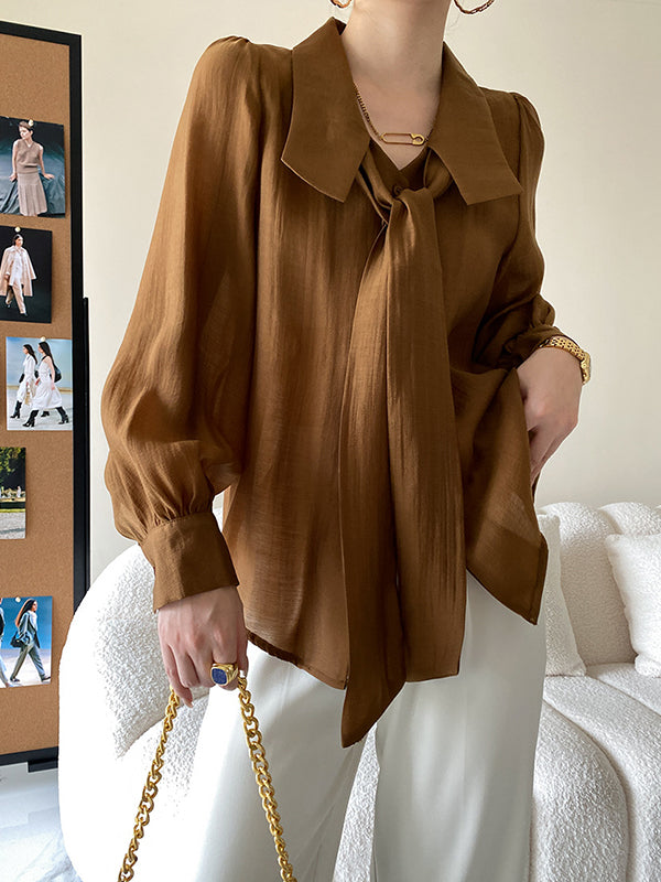 xakxx Urban Loose Long Sleeves Solid Color Lapel Collar Blouses