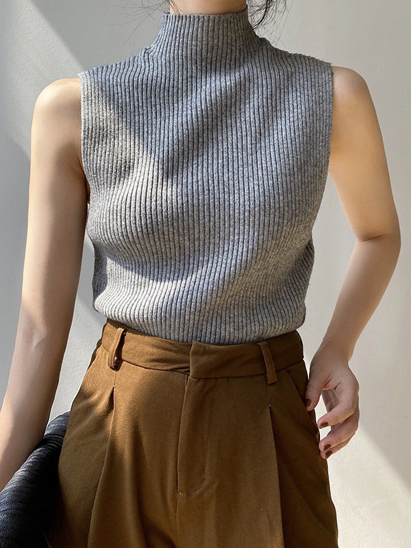 xakxx Skinny Sleeveless Solid Color High-Neck Knitwear Vest Top