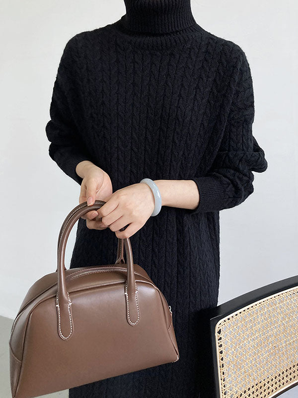 xakxx Stylish Loose Long Sleeves Solid Color High-Neck Twist Sweater Dresses