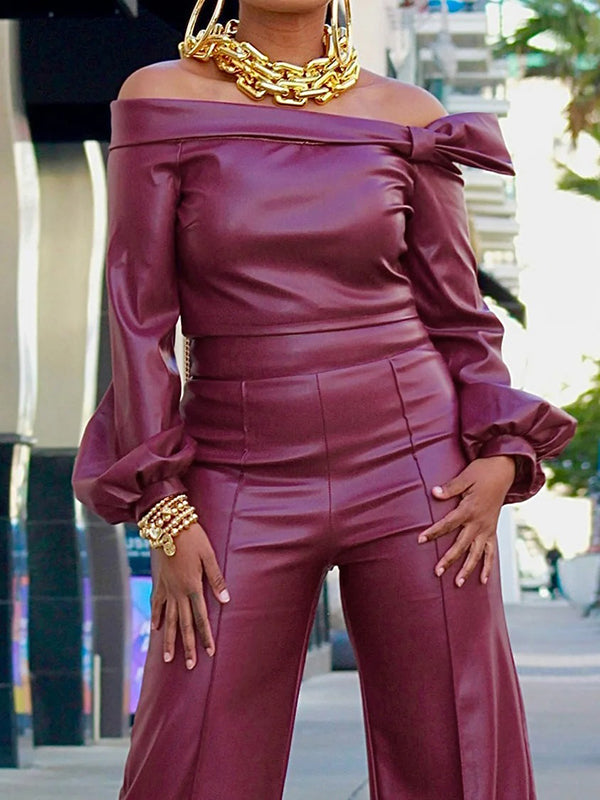 xakxx Long Sleeves Puff Sleeves Asymmetric Knot Solid Color Off-The-Shoulder Shirts Top + Pants Bottom Two Pieces Set