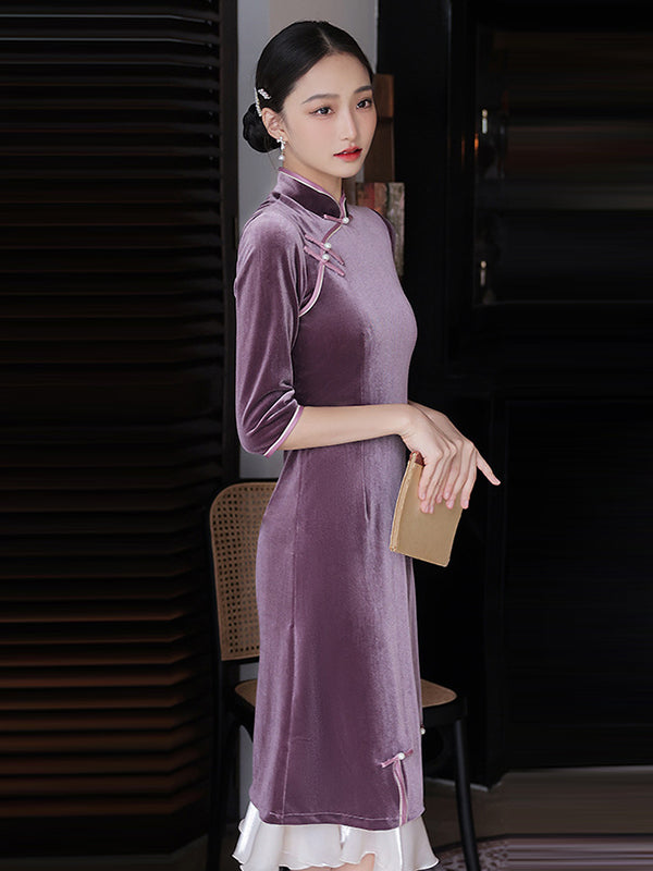 xakxx Vintage Beaded False Two Half Sleeves Long Cheongsams