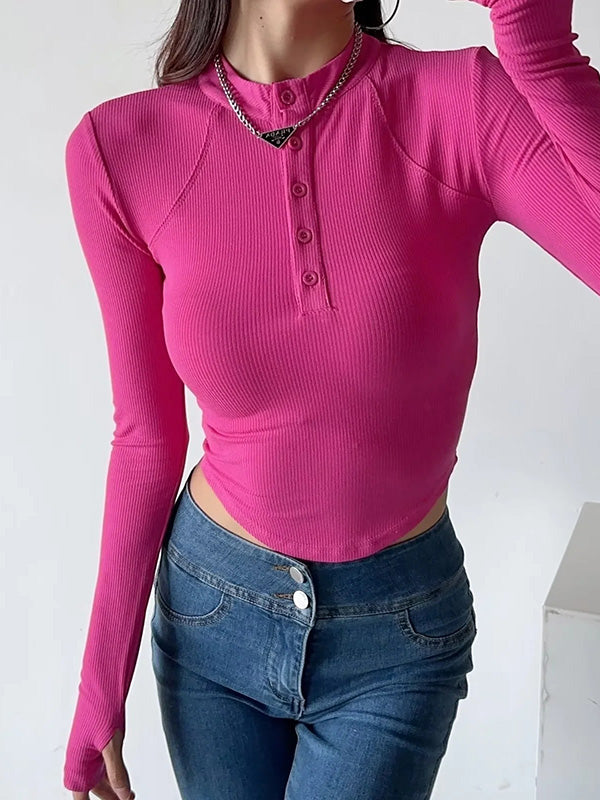 xakxx Long Sleeves Skinny Solid Color Split-Joint Round-Neck T-Shirts