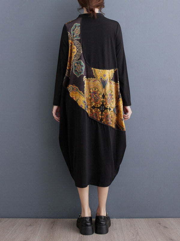 xakxx Long Sleeves Loose Asymmetric Printed Split-Joint Round-Neck Midi Dresses