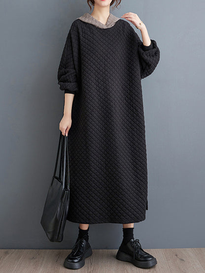 xakxx A-Line Long Sleeves Hooded Quilted Split-Side Midi Dresses