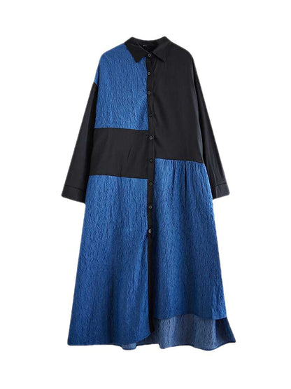 xakxx High-Low Long Sleeves Asymmetric Buttoned Split-Joint Lapel Midi Dresses