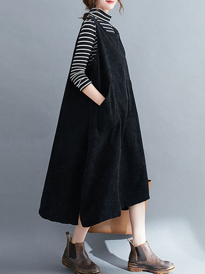xakxx Corduroy Sleeveless Split-Joint Round-Neck Midi Dress