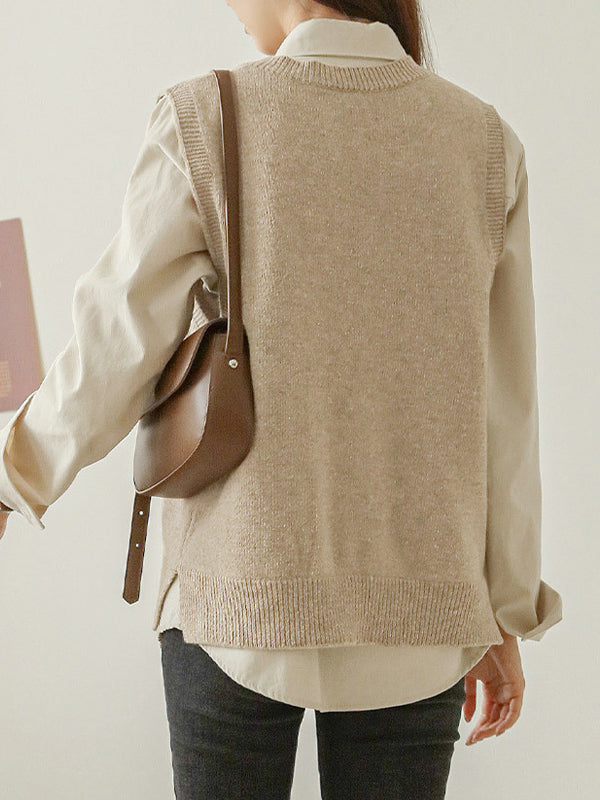 xakxx Casual Loose Sleeveless Solid Color V-Neck Sweater Vest Outerwear