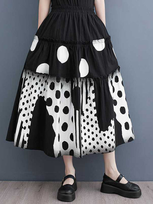xakxx Loose Elasticity Pleated Pockets Polka Dot Printed Ruffled Split-Joint Skirts Bottoms