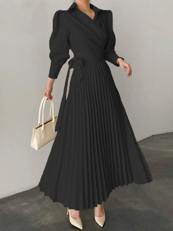 xakxx Office Pleated Asymmetric Solid Color Lapel Maxi Dresses