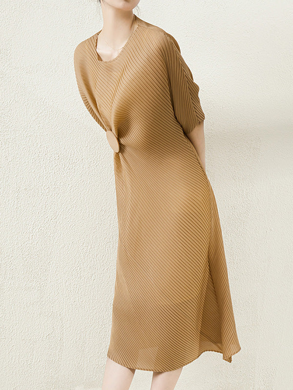 xakxx Stylish Irregularity Loose Pleated Solid Color Round-Neck Midi Dresses