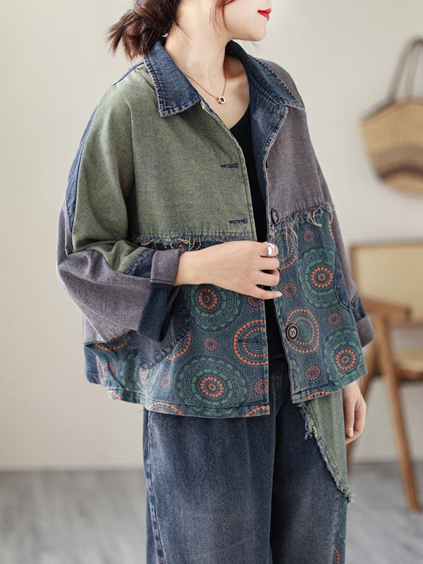 xakxx Contrast Color Fringed Split-Joint Long Sleeves Printed Outwear + Harem Pants  Two Pieces Set