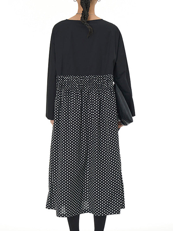 xakxx Long Sleeves Loose Contrast Color Elasticity Pleated Polka-Dot Split-Joint Round-Neck Midi Dresses