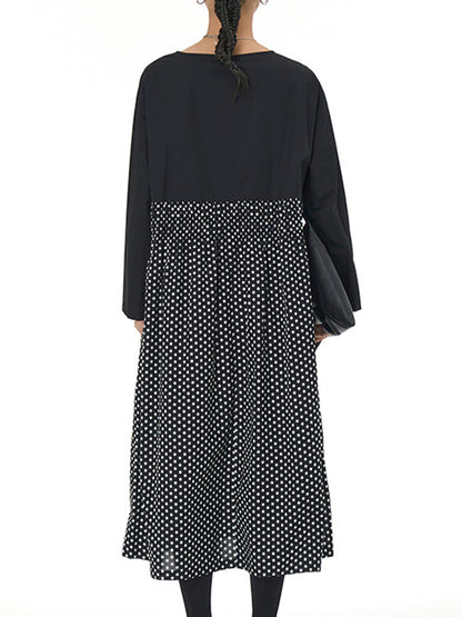 xakxx Long Sleeves Loose Contrast Color Elasticity Pleated Polka-Dot Split-Joint Round-Neck Midi Dresses