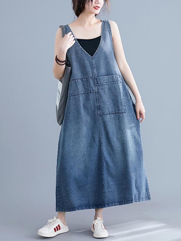 xakxx Loose Sleeveless Denim V-Neck Midi Dress