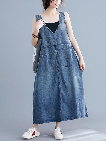 xakxx Loose Sleeveless Denim V-Neck Midi Dress