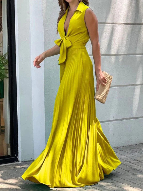 xakxx Simple Long Sleeves Lace-Up Pleated Solid Color Deep V-Neck Jumpsuits