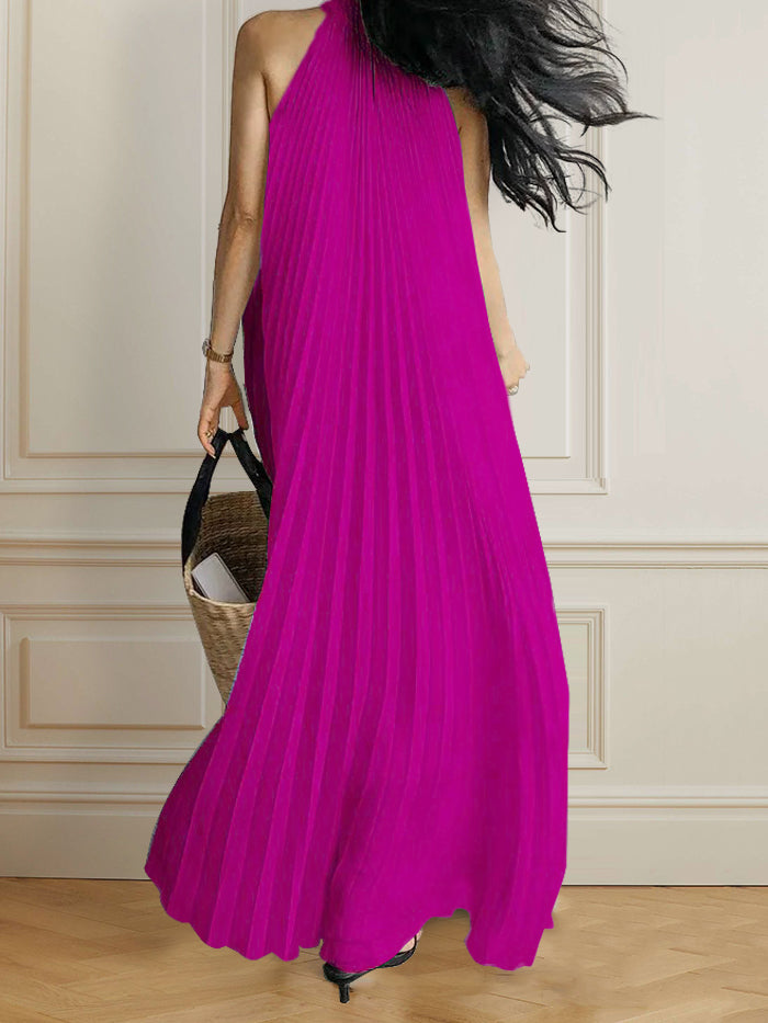 xakxx A-Line Sleeveless Pleated Solid Color Halter-Neck Maxi Dresses