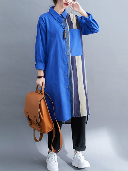 xakxx Original Buttoned Contrast Color Split-Joint  Long Sleeves Lapel Blouse