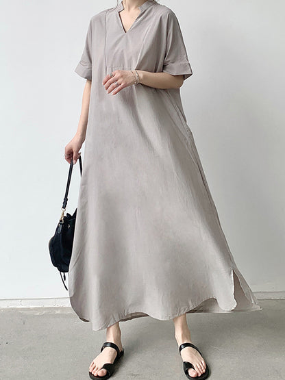 xakxx Loose Short Sleeves Solid Color V-Neck Maxi Dresses