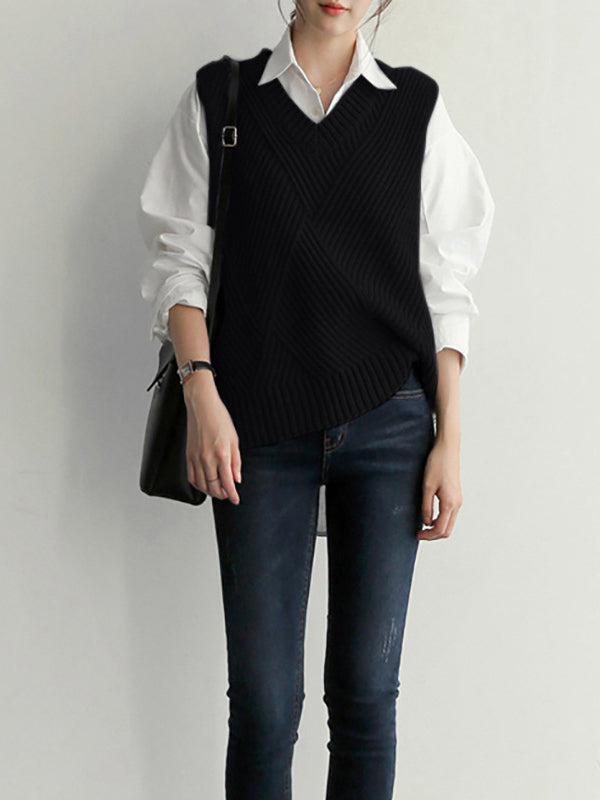 xakxx Casual Sleeveless Loose Solid Color V-Neck Vest Outerwear