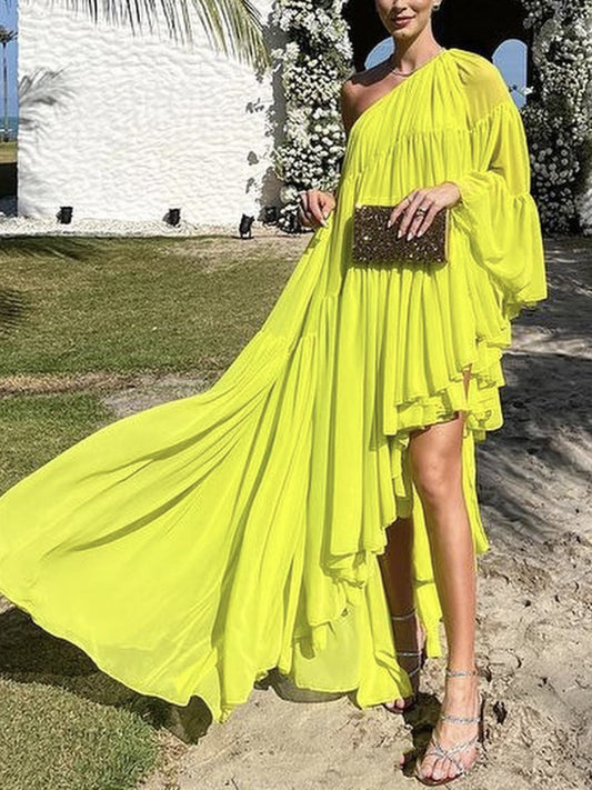 xakxx Irregularity Loose Pleated Solid Color One-Shoulder Maxi Dresses