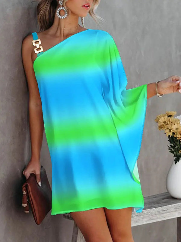 xakxx Batwing Sleeves Hollow Printed One-Shoulder Mini Dresses