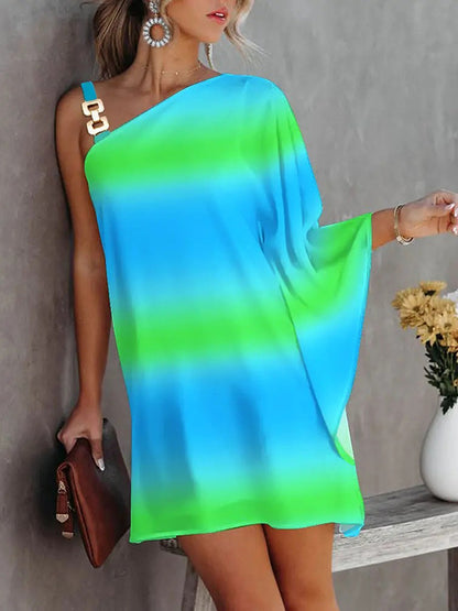 xakxx Batwing Sleeves Hollow Printed One-Shoulder Mini Dresses
