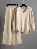 xakxx Stylish Loose Long Sleeves Solid Color V-Neck Sweater Tops& Wide Leg Pants Two Pieces Set