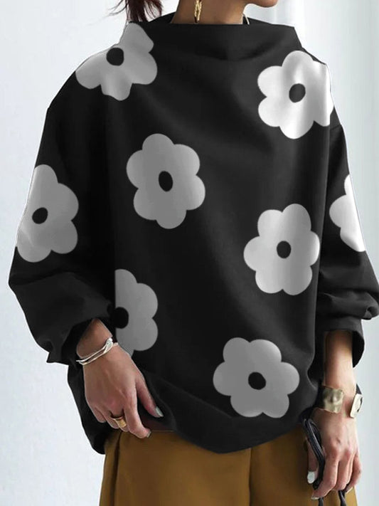 xakxx Long Sleeves Loose Contrast Color Printed Stand Collar T-Shirts