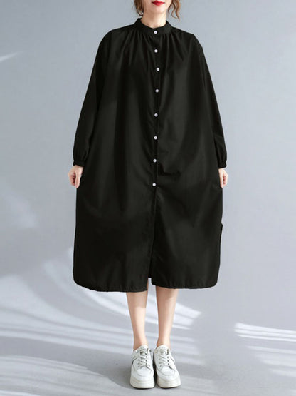 xakxx A-Line Long Sleeves Buttoned Elasticity Split-Side Mock Neck Midi Dresses Shirt Dress