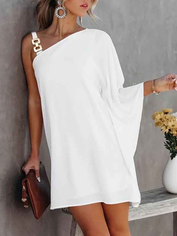 xakxx Batwing Sleeves Hollow Printed One-Shoulder Mini Dresses