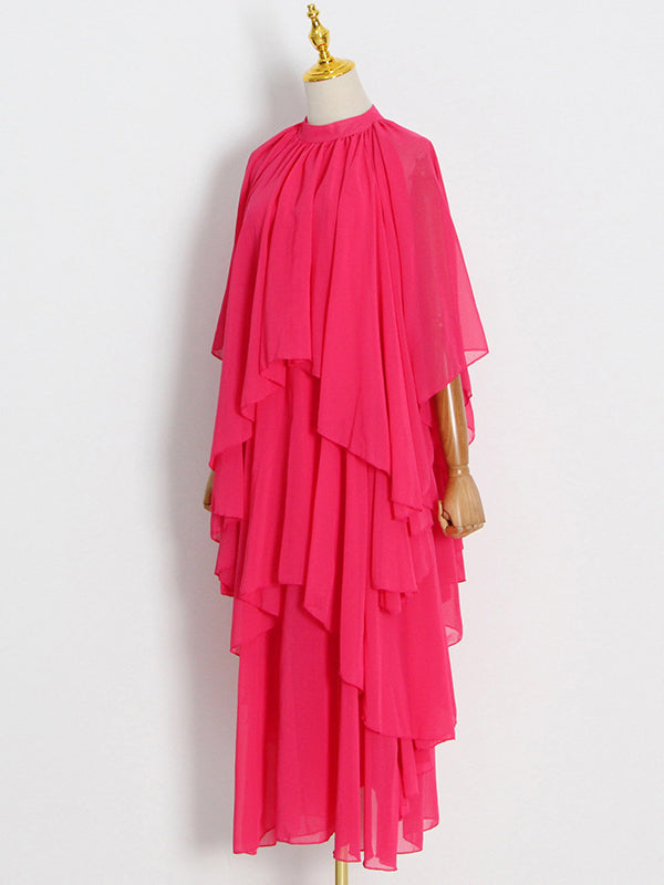 xakxx Loose Raglan Sleeve Solid Color Tiered Stand Collar Maxi Dresses