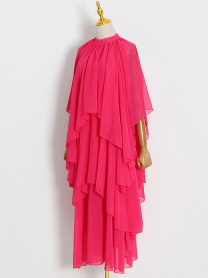 xakxx Loose Raglan Sleeve Solid Color Tiered Stand Collar Maxi Dresses