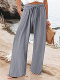 xakxx Loose Wide Leg Drawstring Elasticity Solid Color Pants Trousers