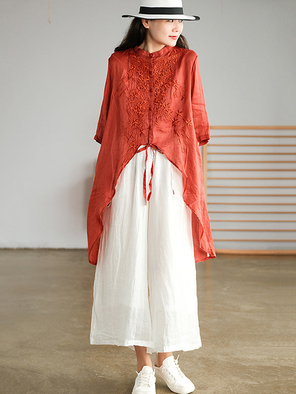 xakxx Original Embroidered Irregularity Round-Neck Blouse Tops