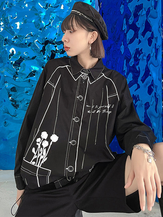 xakxx Casual Contrast Color Printed Drawstring Blouse Top