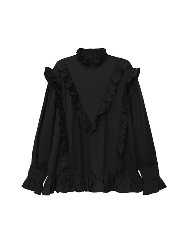 xakxx Long Sleeves Loose Buttoned Ruffled Solid Color Stand Collar Blouses&Shirts Tops