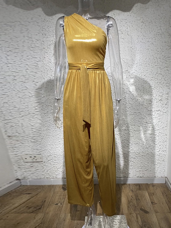 xakxx High Waisted Wide Leg Solid Color One-Shoulder Jumpsuits