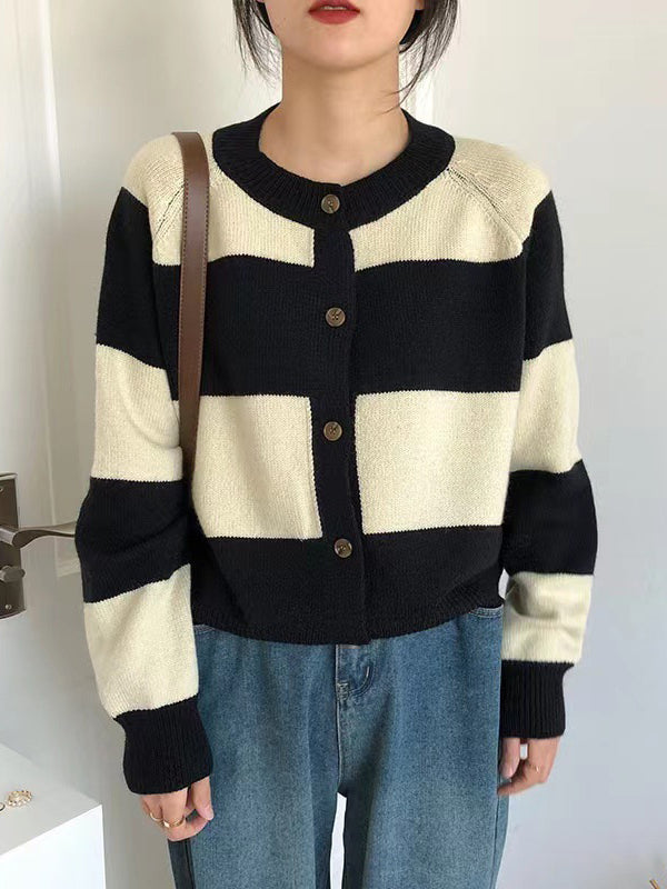 xakxx Casual Buttoned Contrast Color Striped Cardigan Tops