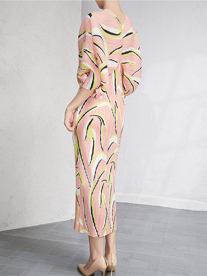 xakxx Urban Loose Batwing Sleeves Printed Pleated V-Neck Midi Dresses