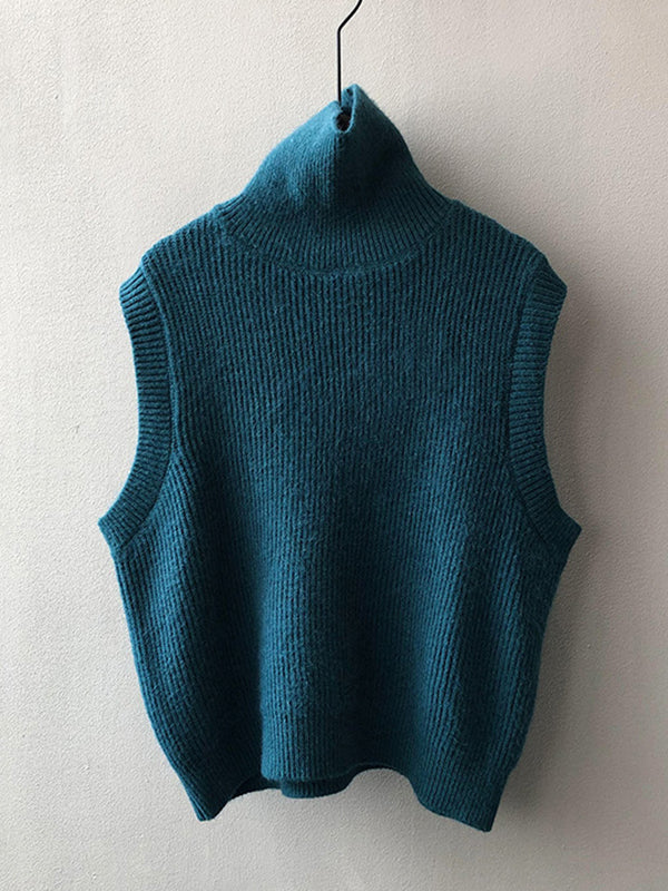 xakxx Casual Loose Sleeveless Solid Color High-Neck Sweater Vest Outerwear