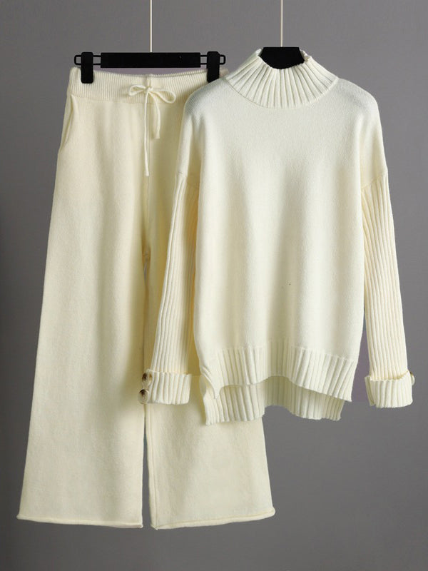 xakxx Urban Long Sleeves Solid Color Half Turtleneck Sweater Tops & Wide Leg Pants Two Pieces Set