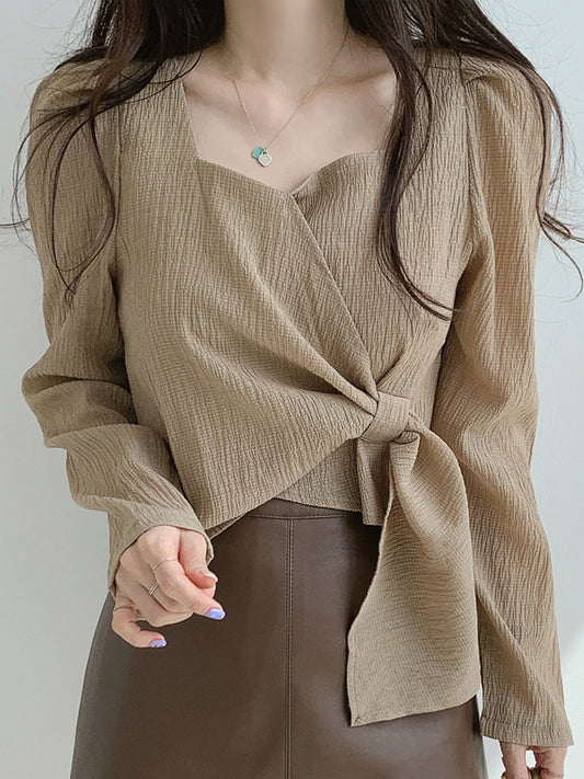 xakxx Original Solid Color Square-Neck Long Sleeves Tied Blouse