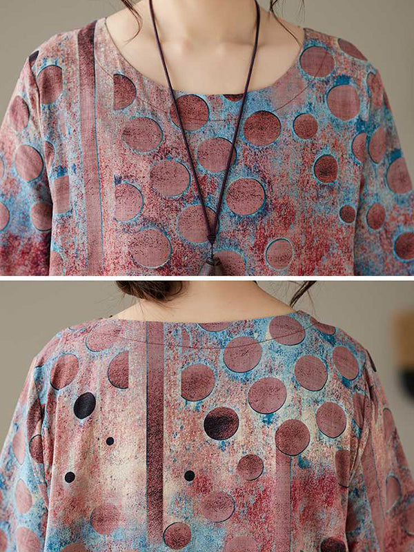 xakxx Half Sleeves Loose Contrast Color Polka-Dot Printed Round-Neck Midi Dresses